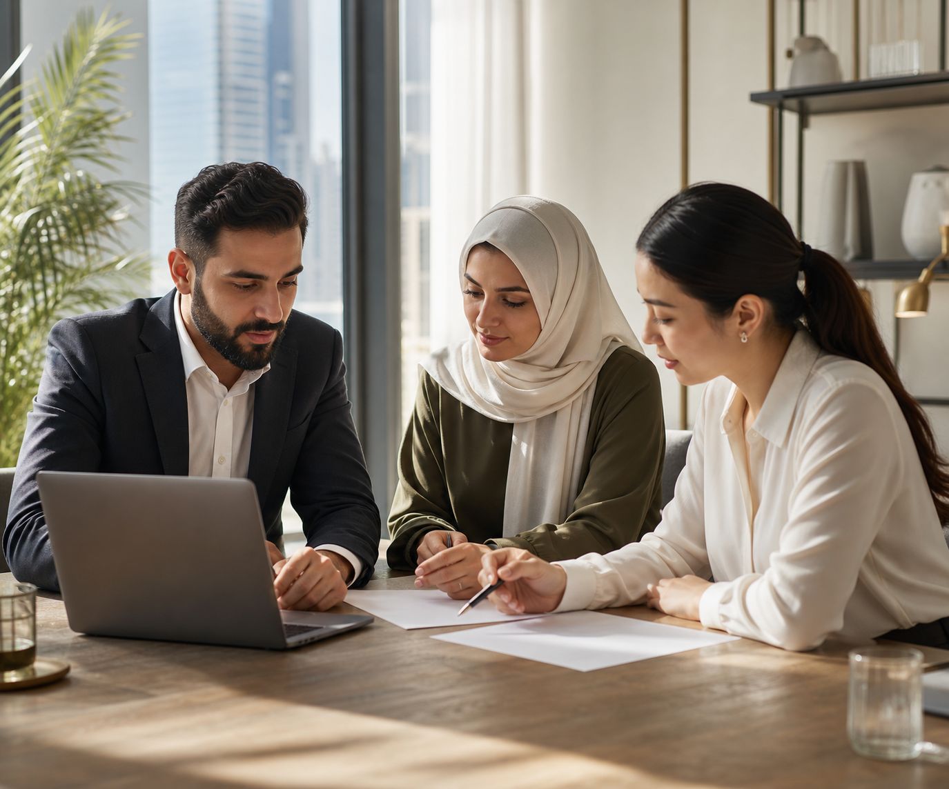Équipe financière travaillant ensemble dans un bureau à Dubaï