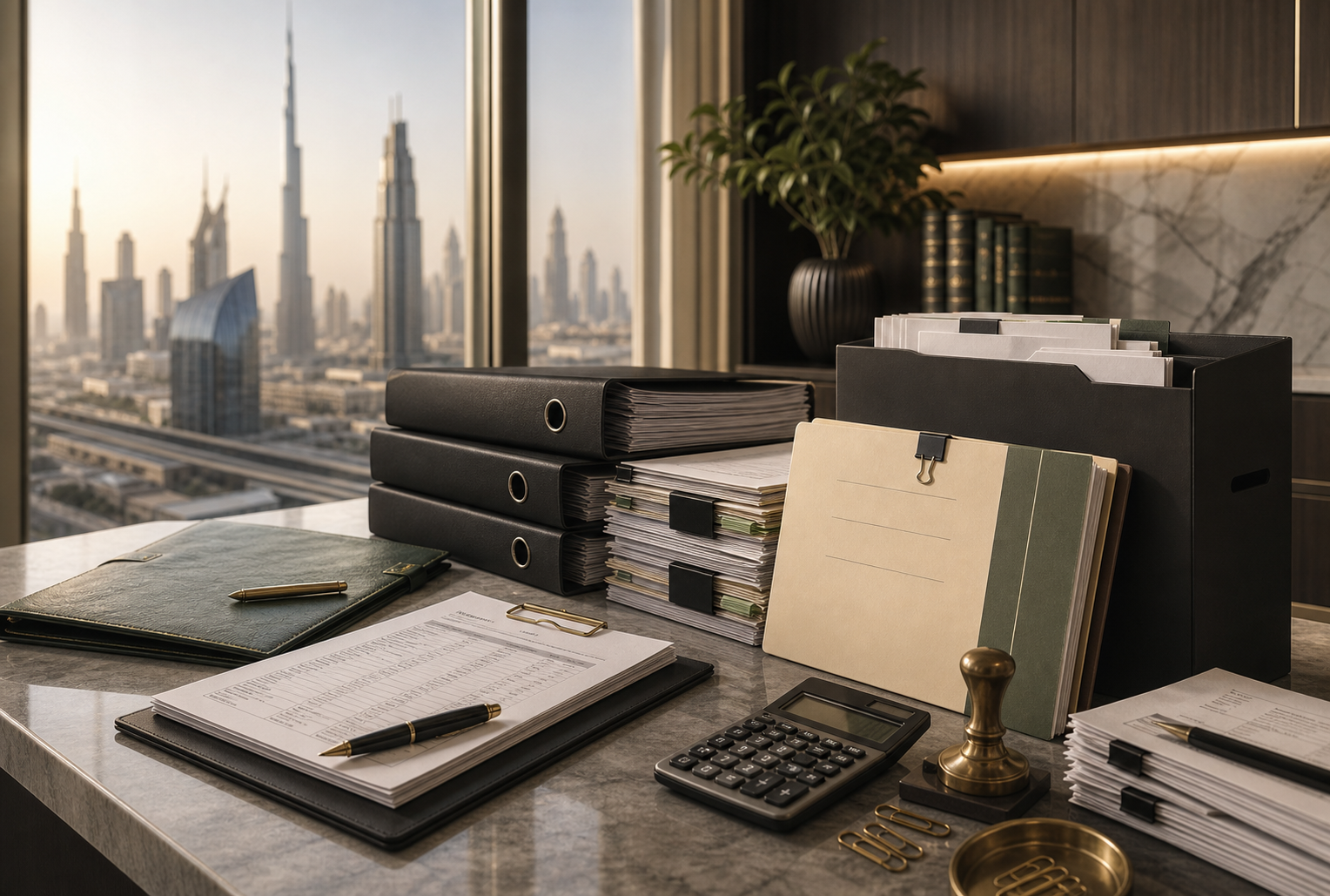 Premium accounting desk with ledgers, tax files and compliance documents